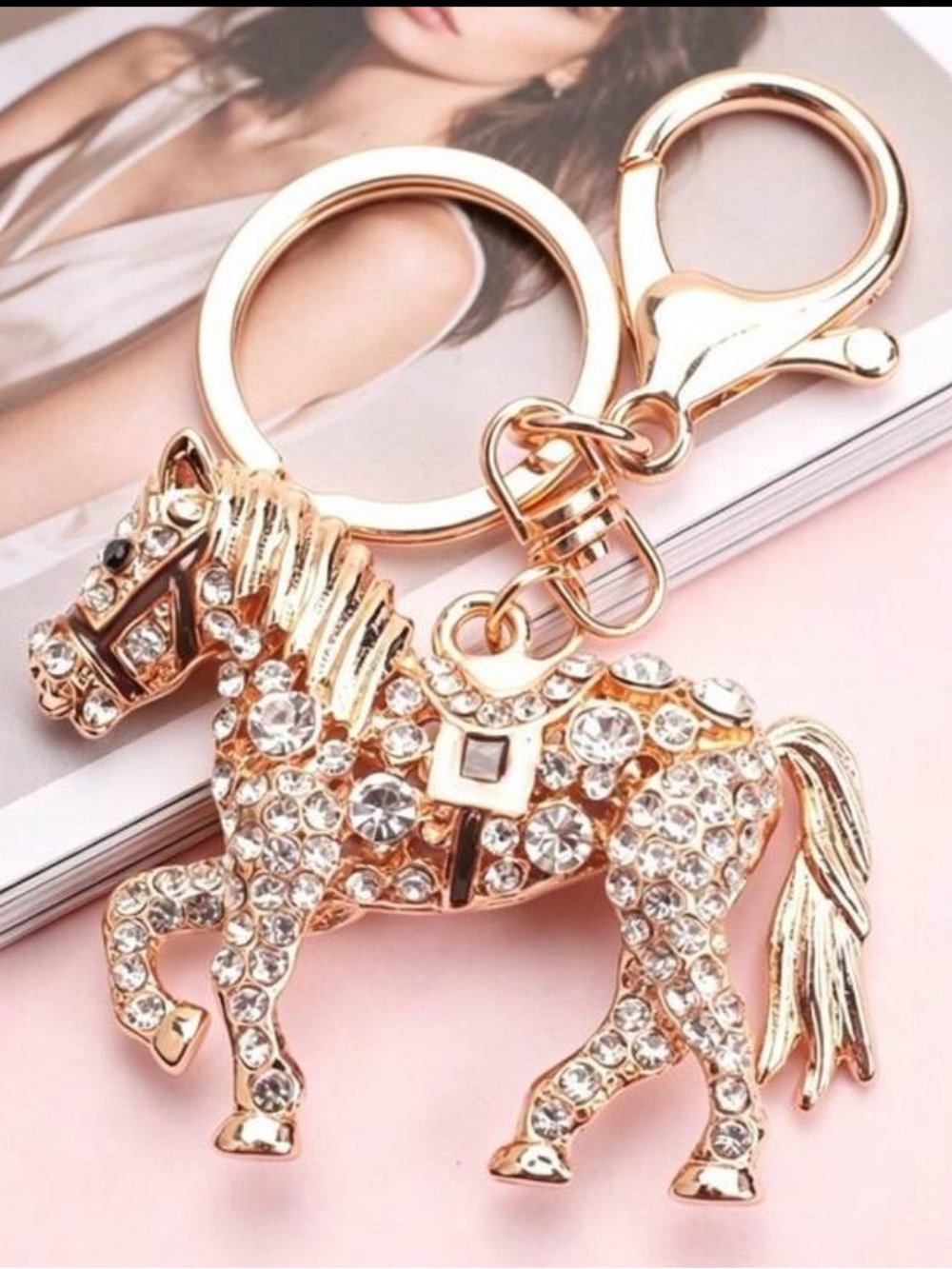 Rhinestone Horse Keychain Charm - Rose Gold